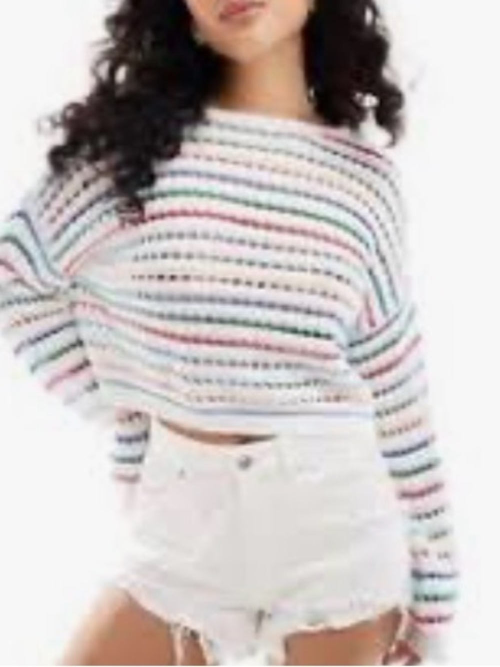 Hollister Crewneck colorful multi-stripe loose crochet-style knit sweater